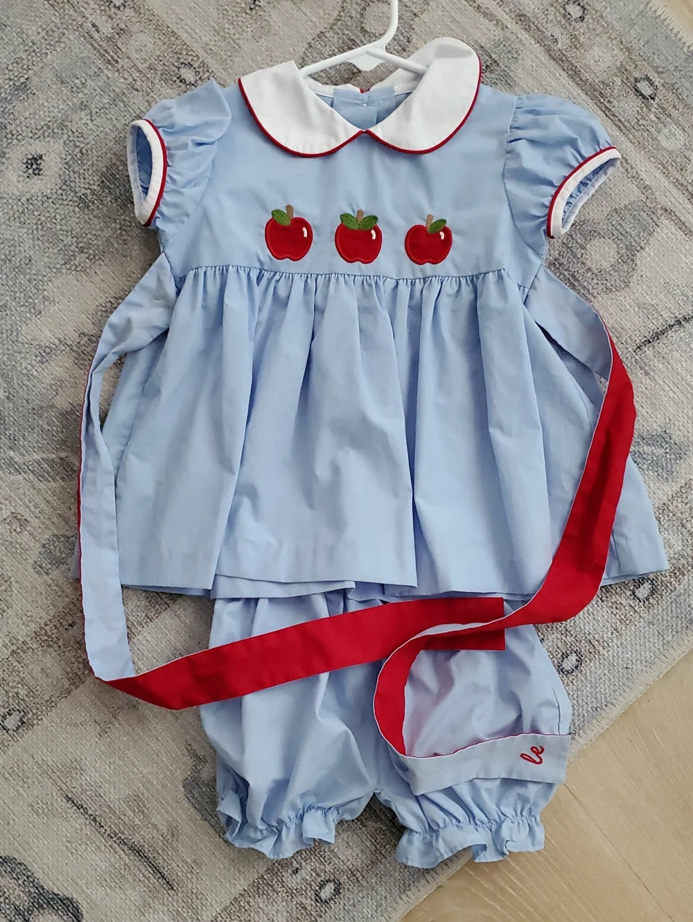Little English Girls Light Blue Set Outfit Red Apple Appliqués School Sz4T